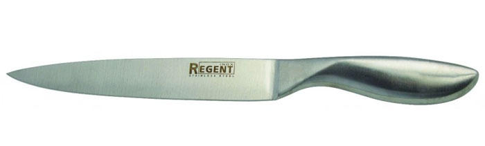Нож разделочный Regent Inox Luna, длина лезвия 20,5 см93-HA-3 Нож разделочный Regent Inox Luna, длина лезвия 20,5 см93-HA-3Разделочный нож Regent Inox Luna изготовлен из высококачественной нержавеющей стали. Острое прочное лезвие ножа имеет ровную поверхность и выверенный угол заточки. Специальная закалка металла обеспечивает повышенную прочность. Сбалансированность ножа обеспечивает приложение минимальных усилий при резке. Лезвие ножа не впитывает запахи и не оставляет запаха на продуктах. Оригинальная и практичная ручка выполнена из первоклассной нержавеющей стали. Нож с длинным, средним по ширине клинком применяется для разделки крупных и средних овощей, нарезки больших кусков мяса, курицы, крупной рыбы. Такой нож займет достойное место среди аксессуаров на вашей кухне.