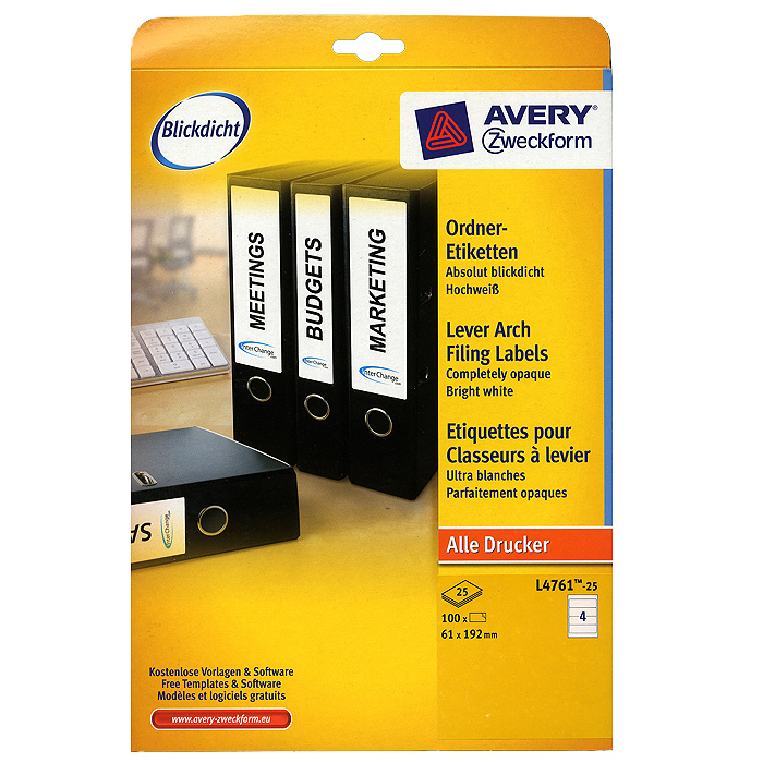 Avery Zweckform Этикетки для широких папок-регистраторов 100 штL4761-25 Avery Zweckform Этикетки для широких папок-регистраторов 100 штL4761-25Белые этикетки Avery Zweckform предназначены для наглядной маркировки корешков широких папок-регистраторов. Этикетки можно отделять от подложки двумя способами: обычным и используя технологию QuickPEEL, разделяя лист вдоль линии перфорации и отклеивая этикетки за края. Обратная сторона этикеток выкрашена специальным средством, которое позволяет полностью скрыть нижний слой, старую надпись или цветную поверхность. Уникальный четырехсторонний отступ на листах предотвращает попадание клея на аппаратуру и гарантирует тем самым безопасность печати, а высокое качество используемого материала гарантирует четкость распечатки и надежную клейкость. Этикетки подходят для любых видов принтеров. Комплект включает в себя 25 листов, каждый из которых содержит четыре этикетки. Этикетки Avery Zweckform - идеальное оформление архива! Размер этикетки: 61 х 192 мм. Количество: 100 шт. Компания Avery Zweckform разрабатывает,...