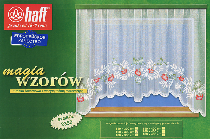 Гардина Haft, на ленте, цвет: белый, высота 160 см. 335740335740 Гардина Haft, на ленте, цвет: белый, высота 160 см. 335740335740Воздушная гардина Haft, изготовленная из полиэстера белого цвета, станет великолепным украшением любого окна. Оригинальный принт в виде веточек рябины привлечет к себе внимание и органично впишется в интерьер комнаты. В гардину вшита шторная лента. Характеристики: Материал: 100% полиэстер. Размер упаковки: 37 см х 28 см х 3 см. Цвет: белый. Артикул: 335740. В комплект входит: Гардина - 1 шт. Размер (Ш х В): 300 см х 160 см. Текстильная компания Haft имеет богатую историю. Основанная в 1878 году в Польше, эта фирма зарекомендовала себя в качестве одного из лидеров текстильной промышленности в Европе. Еще в начале XX века фабрика Haft производила 90% всех текстильных изделий в своей стране, с годами производство расширялось, накопленный опыт позволял наиболее выгодно использовать развивающиеся технологии. Главный ассортимент компании - это тюль и занавески. Haft предлагает готовые решения для ваших окон, выпуская готовые...