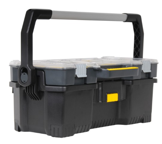 Ящик для инструмента Stanley со съемным органайзером, 241-97-514 Ящик для инструмента Stanley со съемным органайзером, 241-97-514Ящик для инструмента Stanley со съемным органайзером предназначен для хранения и переноски электроинструмента и мелких деталей. Кнопка на передней поверхности для простого отсоединения органайзера от ящика. Для их соединения необходимо поместить органайзер задней частью на ящик и зафиксировать со щелчком, нажав сверху на переднюю часть. Длинная металлическая ручка ящика, фиксируемая в вертикальном положении для переноски, и опускаемая вниз для удобства хранения. Прочные нержавеющие металлические замки и металлические петли у верхнего кейса. Органайзер имеет переставные пергородки для оптимизации структуры под конкретные задачи. Уникальная конфигурация отделений органайзера позволяет размещать молотки и другие инструменты вместе с мелкими деталями. Полезный объем 53 л, максимальная нагрузка 18 кг.