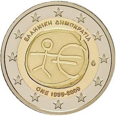 Монета номиналом 2 евро 10 лет экономическому и валютному союзу. Греция, 2009 годLS 2/16, 6530 Монета номиналом 2 евро 10 лет экономическому и валютному союзу. Греция, 2009 годLS 2/16, 6530Монета номиналом 2 евро 10 лет экономическому и валютному союзу. Греция, 2009 год. Диаметр 2,5 см. Сохранность UNC (без обращения).