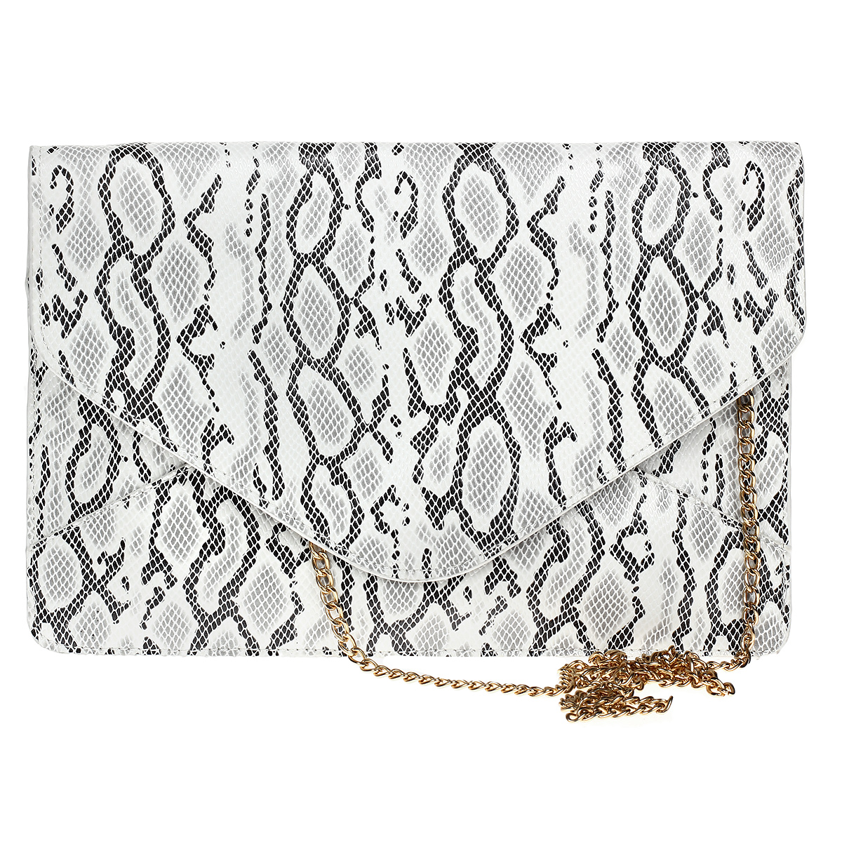 Клатч Fancys Bag, цвет: белый, черный. C057-76C057-76 слон кость Клатч Fancys Bag, цвет: белый, черный. C057-76C057-76 слон костьОригинальный клатч Fancys Bag выполнен из искусственной кожи в форме конверта с тиснением и принтом под питона. Клатч имеет одно отделение, закрывающееся клапаном на магнитную кнопку. Внутри содержит вшитый карман на молнии. На задней стенке расположен горизонтальный карман на молнии. Клатч оснащен ремешком-цепочкой и съемным ремешком для запястья. Характеристики: Материал: искусственная кожа, текстиль, металл. Цвет: белый, черный. Размер клатча: 31,5 см х 20 см х 2 см. Длина ремешка: 120 см. Артикул: C057-76.