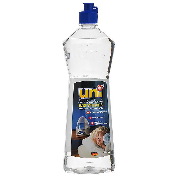 Вода деминерализованная Uniplus для утюгов, парогенераторов, увлажнителей воздуха, 1 л130416 Вода деминерализованная Uniplus для утюгов, парогенераторов, увлажнителей воздуха, 1 л130416Специально подготовленная вода Uniplus для паровых приборов - это деминерализованная вода, прошедшая многоступенчатую систему очистки. Деминерализованная, значит обессоленная. Она предназначена, прежде всего, для нормальной и экономичной работы приборов, связанных с нагревом и испарением воды. Регулярное использование специально подготовленной воды Uniplus в утюгах, парогенераторах, отпаривателях, гладильных системах предотвращает образование накипи на нагревательных элементах приборов и кальцинированного осадка в бойлерах, тем самым продлевая срок службы паровых приборов и обеспечивая бесперебойность их работы. При использовании специально подготовленной воды Uniplus паровые приборы не нуждаются в профилактической очистке, в ходе которой в бойлер заливается раствор воды и уксусной кислоты. Специально подготовленная вода Uniplus исключает появление пятен на ткани при отпаривании, обеспечивает непрерывный выход пара из паровых приборов. Вода изготовлена без...