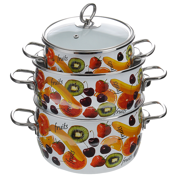 Набор кастрюль Fruits с крышками, 6 предметов. 1DA135S1DA135S Набор кастрюль Fruits с крышками, 6 предметов. 1DA135S1DA135SНабор эмалированной посуды Fruits состоит из трех кастрюль разного объема с крышками. Посуда выполнена из тонколистового стального проката, покрытого двумя слоями эмали белого цвета. Корпус кастрюль оформлен изображением фруктов. Эмалевое покрытие имеет существенные преимущества по показателям безопасности влияния на организм человека, санитарным свойствам, простоте ухода и рассчитан на длительный срок эксплуатации. Оно устойчиво к перепадам температуры до 220°С, обладает высокой механической прочностью, противостоит воздействию пищевых кислот. Борта корпуса и крышки изделий защищены ободком из антикоррозийной стали. Крышки выполнены из жаропрочного стекла с ручками и ободками из нержавеющей стали, имеют пароотводы. Кастрюли оснащены по бокам эргономичными стальными ручками. Эмалированную посуду нельзя ронять, нагревать без жидкости, допускать замерзания в ней жидкости, чистить металлической мочалкой. Предметы набора пригодны для использования на всех видах...