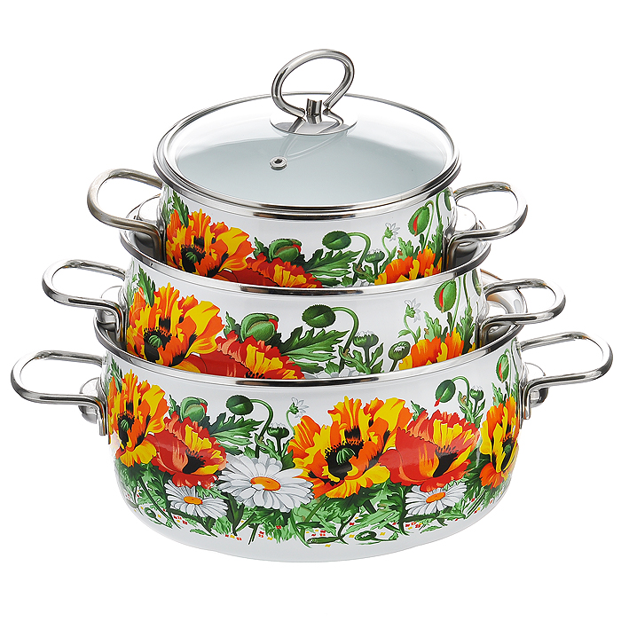 Набор кастрюль Floristеria с крышками, 6 предметов. 1DA035S1DA035S Набор кастрюль Floristеria с крышками, 6 предметов. 1DA035S1DA035SНабор эмалированной посуды Floristеria состоит из трех кастрюль разного объема с крышками. Посуда выполнена из тонколистового стального проката, покрытого двумя слоями эмали белого цвета. Корпус кастрюль оформлен изображением цветов. Эмалевое покрытие имеет существенные преимущества по показателям безопасности влияния на организм человека, санитарным свойствам, простоте ухода и рассчитан на длительный срок эксплуатации. Оно устойчиво к перепадам температуры до 220°С, обладает высокой механической прочностью, противостоит воздействию пищевых кислот. Борта корпуса и крышки изделий защищены ободком из антикоррозийной стали. Крышки выполнены из жаропрочного стекла с ручками и ободками из нержавеющей стали, имеют пароотводы. Кастрюли оснащены по бокам эргономичными стальными ручками. Эмалированную посуду нельзя ронять, нагревать без жидкости, допускать замерзания в ней жидкости, чистить металлической мочалкой. Предметы набора пригодны для использования на всех...