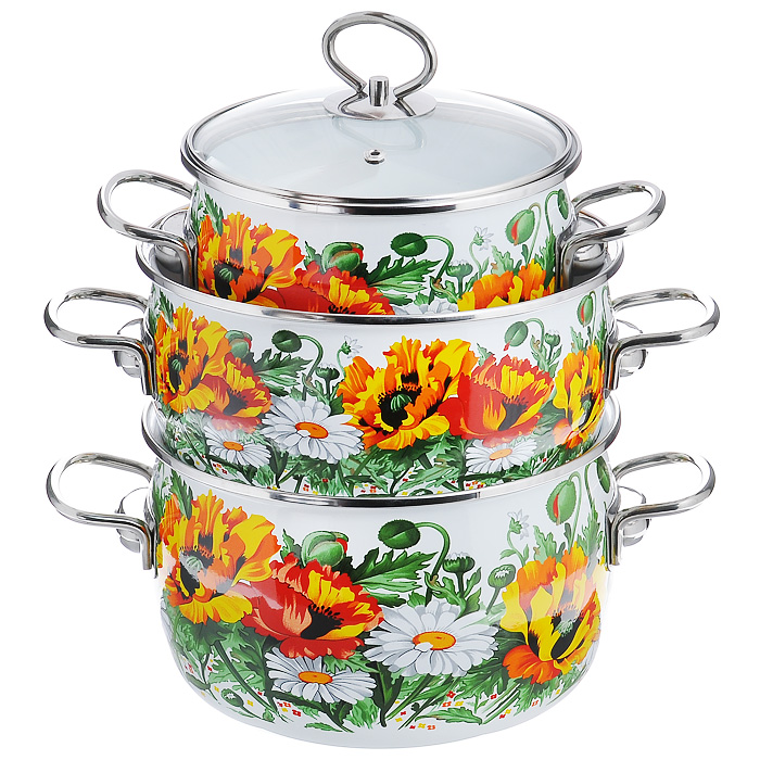 Набор кастрюль Floristеria с крышками, 6 предметов. 1DA135S1DA135S Набор кастрюль Floristеria с крышками, 6 предметов. 1DA135S1DA135SНабор эмалированной посуды Floristеria состоит из трех кастрюль разного объема с крышками. Посуда выполнена из тонколистового стального проката, покрытого двумя слоями эмали белого цвета. Корпус кастрюль оформлен изображением цветов. Эмалевое покрытие имеет существенные преимущества по показателям безопасности влияния на организм человека, санитарным свойствам, простоте ухода и рассчитан на длительный срок эксплуатации. Оно устойчиво к перепадам температуры до 220°С, обладает высокой механической прочностью, противостоит воздействию пищевых кислот. Борта корпуса и крышки изделий защищены ободком из антикоррозийной стали. Крышки выполнены из жаропрочного стекла с ручками и ободками из нержавеющей стали, имеют пароотводы. Кастрюли оснащены по бокам эргономичными стальными ручками. Эмалированную посуду нельзя ронять, нагревать без жидкости, допускать замерзания в ней жидкости, чистить металлической мочалкой. Предметы набора пригодны для использования на всех видах...