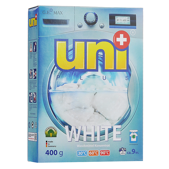 Стиральный порошок UniPlus White для белого белья, концентрированный, 400 г200032 Стиральный порошок UniPlus White для белого белья, концентрированный, 400 г200032Концентрированный стиральный порошок UniPlus White специально разработан для стирки белого белья. Он отбеливает без хлора и агрессивных химикатов. Не разрушает структуру тканей. Отбеливает с помощью активных кислородных частиц, разработанных специально для UniPlus. Порошок предназначен для стирки в стиральных машинах любого типа и для ручной стирки. Эффективно отстирывает при температурах от 30°С до 90°С. Не подходит для стирки деликатных тканей и изделий из шерсти, а также темного и цветного белья. В состав входят смягчающие воду вещества, защищающие стиральную машину от образования известкового налета.