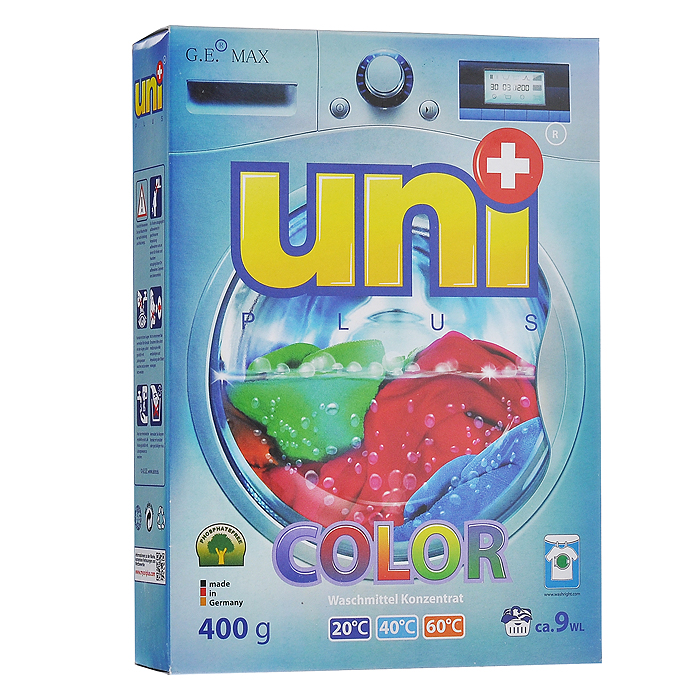 Стиральный порошок UniPlus Color для цветного белья, концентрированный, 400 г200025 Стиральный порошок UniPlus Color для цветного белья, концентрированный, 400 г200025Концентрированный стиральный порошок UniPlus Color предназначен для стирки цветных изделий из хлопчатобумажных, льняных, синтетических тканей и тканей из смешанных волокон, тонких и быстролиняющих изделий. В состав входят цветозащитные компоненты, сохраняющие яркость цветов ткани изделия. Порошок эффективно отстирывает при температурах от 20°С до 60°С. Предназначен для стирки в стиральных машинах любого типа и для ручной стирки. Не подходит для стирки белого белья, а также деликатных тканей и изделий из шерсти. В состав входят смягчающие воду вещества, защищающие стиральную машину от образования известкового налета. Характеристики: Вес: 400 г. Размер упаковки: 19,5 см х 14,5 см х 4 см. Артикул: 200025. Товар сертифицирован.