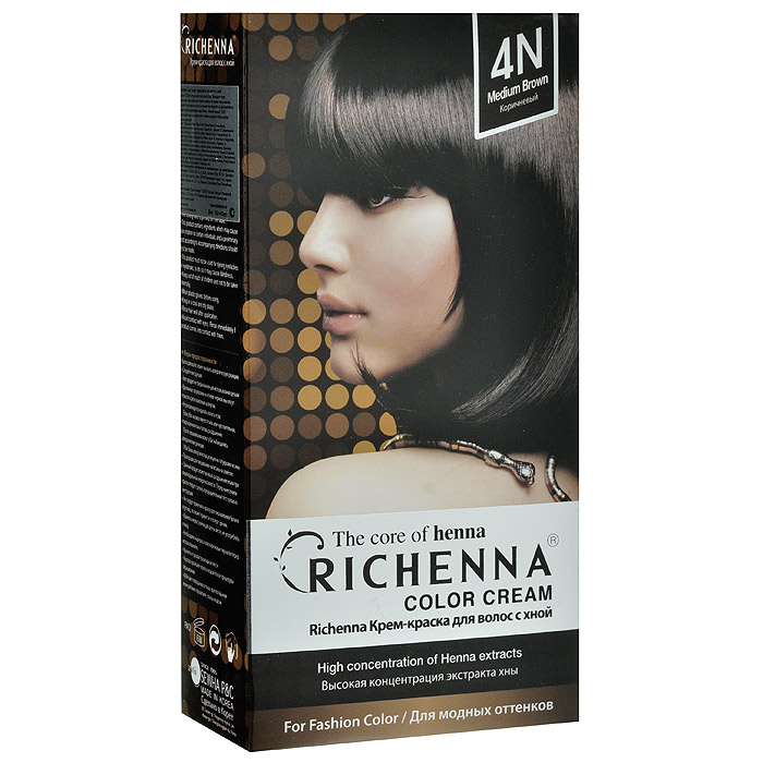 Richenna Крем-краска для волос, с хной, оттенок 4N Коричневый29002 Richenna Крем-краска для волос, с хной, оттенок 4N Коричневый29002Крем-краска для волос Richenna с хной позволяет уменьшить повреждение волос, сделать их эластичными и здоровыми, придать волосам живой цвет и красивый блеск. Не раздражая кожу, крем-краска полностью закрашивает седину и обладает приятным цветочным ароматом. Рекомендуется для безопасного изменения цвета волос, полного окрашивания седых волос и в случае повышенной чувствительности к искусственным компонентам краски для волос. Благодаря кремовой текстуре хорошо наносится и не течет. Время окрашивания 20-30 минут. Упаковка средства в 2-х отдельных тубах позволяет использовать средство несколько раз в зависимости от объема и длины волос. Объем крема-краски 60 г, объем крема-окислителя 60 г, объем шампуня с хной 10 мл, объем кондиционера с хной 7 мл. В комплекте: 1 тюбик с крем-краской, 1 тюбик с крем-окислителем, пакетик с шампунем, пакетик с кондиционером, 1 пара перчаток, накидка, пластиковая тара, расческа-кисточка для нанесения и распределения...
