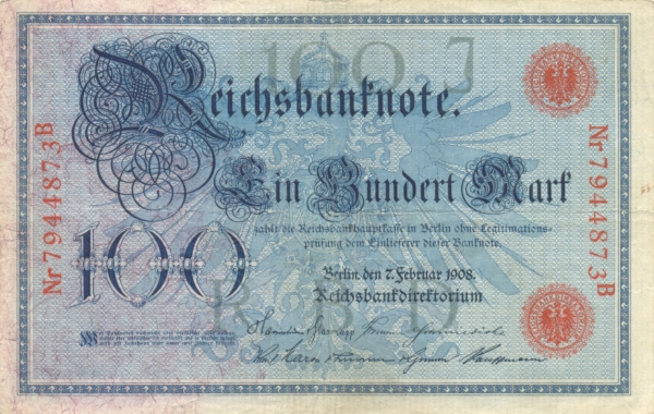 Банкнота номиналом 100 марок. Германия. 1908 годF30 BLUE Банкнота номиналом 100 марок. Германия. 1908 годF30 BLUEРазмер 15,8 x 10,1 см.