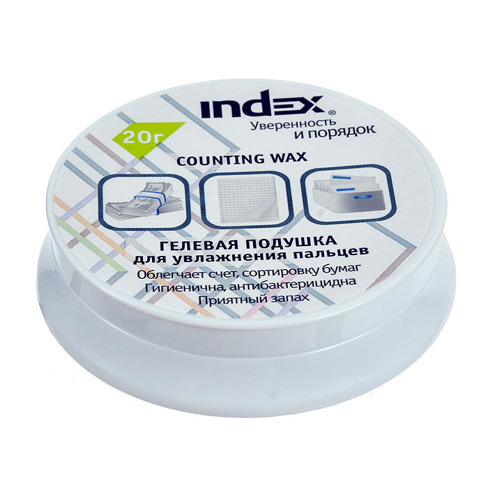 Подушка для смачивания пальцев Index, гелевая, 20 гI600 Подушка для смачивания пальцев Index, гелевая, 20 гI600Гелевая подушка Index служит для смачивания пальцев при работе с бумагами. Подушка помещена в пластиковую баночку с мягкими ножками, предотвращающими скольжение по столу и повреждение поверхности. Гель имеет нежный ментоловый аромат, не прилипает и не оставляет следов на бумаге. Такая подушка незаменима при больших объемах работы с бумажными документами. Характеристики: Вес: 20 г. Высота баночки: 2,5 см. Диаметр основания: 8 см. Материал: гель, пластик.