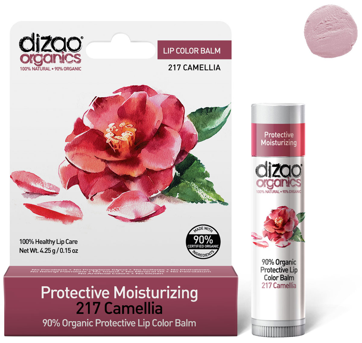 Отзывы Dizao Organics Органический оттеночный защитный бальзам для губ 217 Камелия. 100% Natural, 90% Organic