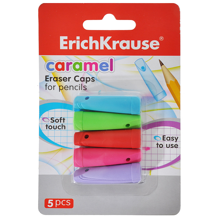 Набор колпачков-ластиков Erich Krause Caramel, 5 штEK33265 Набор колпачков-ластиков Erich Krause Caramel, 5 штEK33265Колпачок-ластик Erich Krause Caramel станет практичным аксессуаром в пенале любого школьника. Его вентилируемый корпус не только защищает грифель карандаша от поломки, но и выступает в качестве ластика. В наборе 5 колпачков красного, лилового, сиреневого, салатового и голубого цветов. Характеристики: Размер колпачка-ластика: 4,3 см x 1 см x 1 см. Размер упаковки: 9 см x 13,5 см x 1,2 см. Изготовитель: Китай.