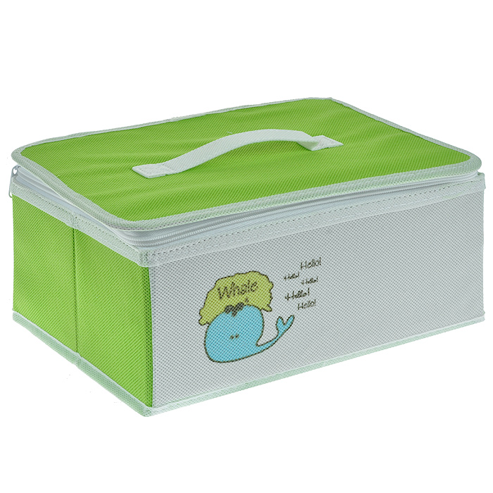 Коробка для хранения Hausmann Whale на молнии, цвет: салатовый, белый. BB211-3BB211-3 Коробка для хранения Hausmann Whale на молнии, цвет: салатовый, белый. BB211-3BB211-3Практичная и удобная коробка для хранения Hausmann Whale выполнена из вискозы белого и салатового цвета с изображением забавного кита. Такая коробка предназначена для хранения предметов для творчества и канцелярских принадлежностей. Внутри имеется два отделения, которые разделены съемной стенкой на липучке, два накладных кармашка и сетчатое отделение на крышке коробки. Крышка закрывается на молнию, имеет ручку для удобной переноски. Такая коробка сэкономит много места и сохранит порядок на столе вашего ребенка. Кроме того, коробка легко складывается и в сложенном виде не занимает много места. Легко очищается при помощи влажной ткани. Характеристики: Материал: вискоза, картон, текстиль. Размер коробки: 30,5 см х 20,5 см х 14 см. Цвет: белый, салатовый. Размер упаковки: 22 см х 32 см х 3 см. Артикул: BB211-3.