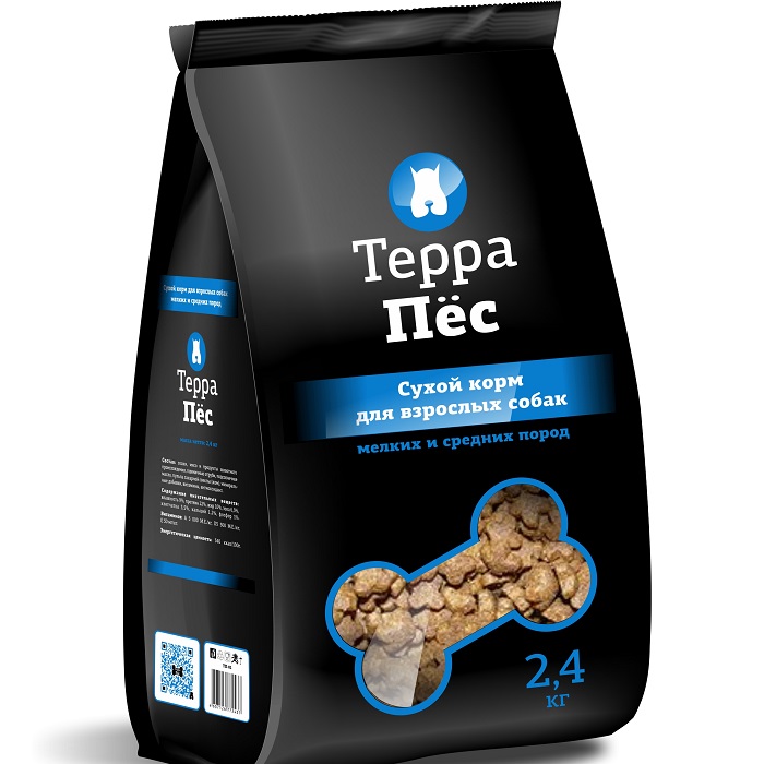Сухой корм Терра Пес для взрослых собак мелких и средних пород, 2,4 кг00-00000407 Сухой корм Терра Пес для взрослых собак мелких и средних пород, 2,4 кг00-00000407Терра Пес - это полноценный сухой корм для взрослых собак мелких и средних пород. Сухой корм Терра Пес обеспечивает: крепкие кости и зубы; энергетический баланс; поддержку иммунитета; питание сердца; здоровую шерсть и кожу; витамины; отличное зрение; развитую мускулатуру; защиту ЖКТ. Характеристики: Состав: злаки, мясо и продукты животного происхождения, пшеничные отруби, подсолнечное масло, пульпа сахарной свеклы (жом), минеральные добавки, витамины, антиоксидант. Содержание питательных веществ: влажность 9%, протеин 22%, жир 10%, зола 6,5%, клетчатка 3,5%, кальций 1,2%, фосфор 1%. Витаминов: А 5000 МЕ/кг, D3 500 МЕ/кг, Е 50 МЕ/кг. Энергетическая ценность: 340 ккал/100 г. Вес: 2,4 кг. Артикул: 00-00000407.