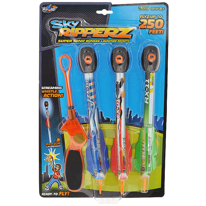 Игровой набор SkyRipperzZB522 Игровой набор SkyRipperzZB522Игровой набор SkyRipperz привлечет внимание вашего ребенка и не позволит ему скучать! Набор включает в себя три ракеты красного, синего и зеленого цветов, с головками из поролона, и пусковое устройство. Зацепите ракету специальным крючком за петлю пускового устройства, оттяните и отпустите. Ракеты достигают высоты до 100 метров. Игровой набор SkyRipperz поможет вашему ребенку развить меткость, ловкость и глазомер. Порадуйте его таким замечательным подарком! Характеристики: Материал: пластик, резина, поролон. Длина ракеты: 28 см. Размер упаковки: 25,5 см х 37,5 см х 4 см.