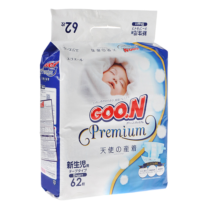 GOON Подгузники Premium, до 5 кг, 62 шт743497 GOON Подгузники Premium, до 5 кг, 62 шт743497Невероятно мягкие и тонкие подгузники Goo.N Premium максимально удобны и просты в применении. Они моментально впитывают влагу и надежно удерживают ее внутри. Преимущества подгузников Goo.N: Не раздражают кожу, полностью гипоаллергенны; Содержат натуральный витамин E, который питает кожу и повышает ее защитные функции; Прекрасно пропускают воздух, что позволяет избежать появления опрелостей; Индикатор наполнения меняет цвет, когда подгузник становится влажным; Мягкие резинки на бортиках и манжетах обеспечивают нежную фиксацию и надежно защищают от протеканий.