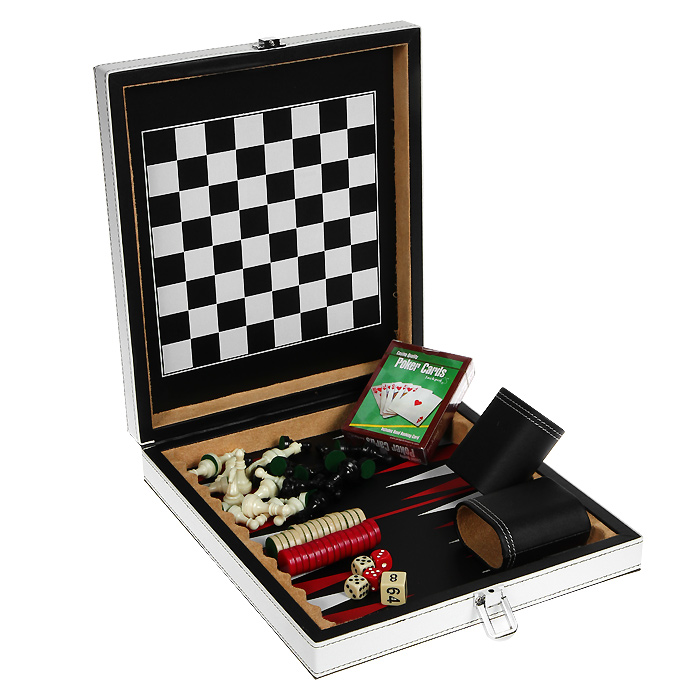 Набор игр 4в1 Premium Edition. MAEG013СMAEG013С Набор игр 4в1 Premium Edition. MAEG013СMAEG013СНабор игр 4в1 Premium Edition включает шахматы, шашки, нарды и покер. В наборе имеется колода карт, 32 шахматные фигуры, 30 фишек, 5 игральных костей, 2 чашки для костей и мешочек для фишек. Предметы набора выполнены из высококачественных матеиалов и упакованы в элегантный кейс, обтянутый искусственной кожей белого и черного цвета и оформленный декоративной контрастной стежкой. Закрывается кейс на металлический замок. Внутренняя поверхность - игровое поле для шахмат и шашек и игровое поле для нард. Шахматы, шашки, нарды и покер - это увлекательные игры, которые помогут развить логическое мышление и позволят вам интересно и с пользой провести время. В наборе - подробная инструкция с описанием правил игры. Характеристики: Материал: пластик, текстиль, искусственная кожа, картон. Размер колоды карт: 6,5 см х 9 см х 2 см. Размер стакана для костей: 6 см х 3,5 см х 6 см. Размер мешочка: 6 см х 11 см. Высота шахматной фигуры: 2,5 см - 4 см. ...