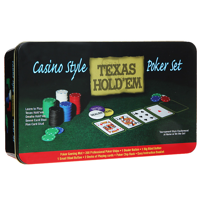 Набор для покера Texas Holdem, размер: 10х18х13 см. ГД2ГД2 Набор для покера Texas Holdem, размер: 10х18х13 см. ГД2ГД2Набор для игры в покер - то, что нужно для отличного проведения досуга. Набор состоит из двух колод игральных карт, 200 игровых пластиковых фишек, фишки Big Blind, фишки Small Blind, фишки Dealer и сукна. Набор фишек состоит из 40 фишек белого цвета номиналом 1, 40 фишек красного цвета номиналом 5, 40 фишек зеленого цвета номиналом 25, 40 фишек синего цвета номиналом 50 и 40 фишек черного цвета номиналом 100. Предметы набора хранятся в металлической коробке. Такой набор станет отличным подарком для любителей покера. Покер (англ. poker) - карточная игра, цель которой - выиграть ставки, собрав как можно более высокую покерную комбинацию, используя 5 карт, или вынудив всех соперников прекратить участвовать в игре. Игра идет с полностью или частично закрытыми картами. Покер как карточная игра существует более 500 лет. Зародился он в Европе: в Испании, Франции, Италии. С течением времени правила покера менялись. Первые письменные упоминания о современном...