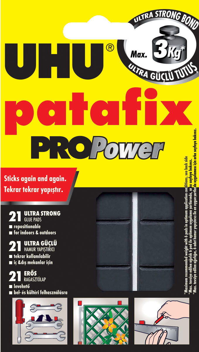 Клеящие подушечки UHU Patafix ProPower, цвет: черный, 21 шт40790 Клеящие подушечки UHU Patafix ProPower, цвет: черный, 21 шт40790Клеящие подушечки UHU Patafix ProPower - сверхпрочные многоразовые клеящие подушечки для крепления предметов весом до 3 кг. Подходят для внешних и внутренних поверхностей. Устойчивы к воздействию влаги на гладких, не впитывающих поверхностях, таких как металл, стекло или пластик и УФ-излучению, однако подвергать клеевую поверхность прямому постоянному воздействию погодных условий не желательно. При необходимости подушечки могут быть удалены с поверхности и использованы повторно.