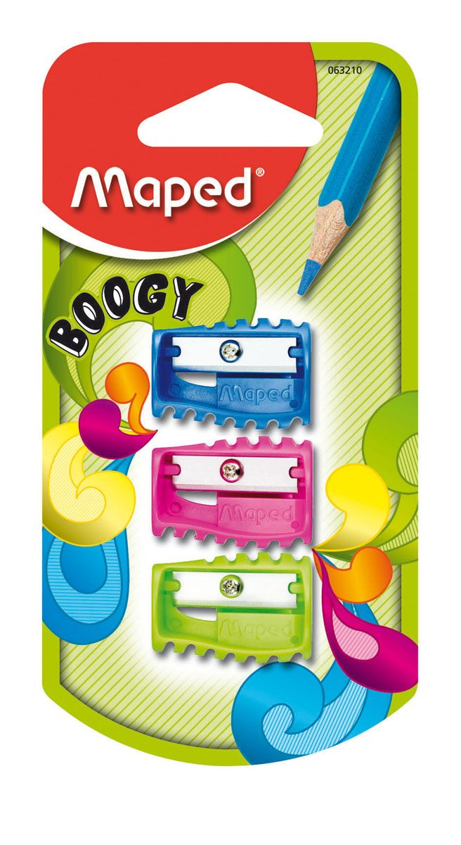 Набор точилок Maped Boogy, 3 шт063210 Набор точилок Maped Boogy, 3 шт063210Набор состоит из трех одинарных точилок без контейнера - ярких, оригинальных с рифленой областью обхвата. Каждая точилка компактная по размеру, изготовлена из неломающихся - ударопрочных материалов. Характеристики: Материал: пластик, металл. Размер точилки: 3 см х 1,8 см х 1,5 см.