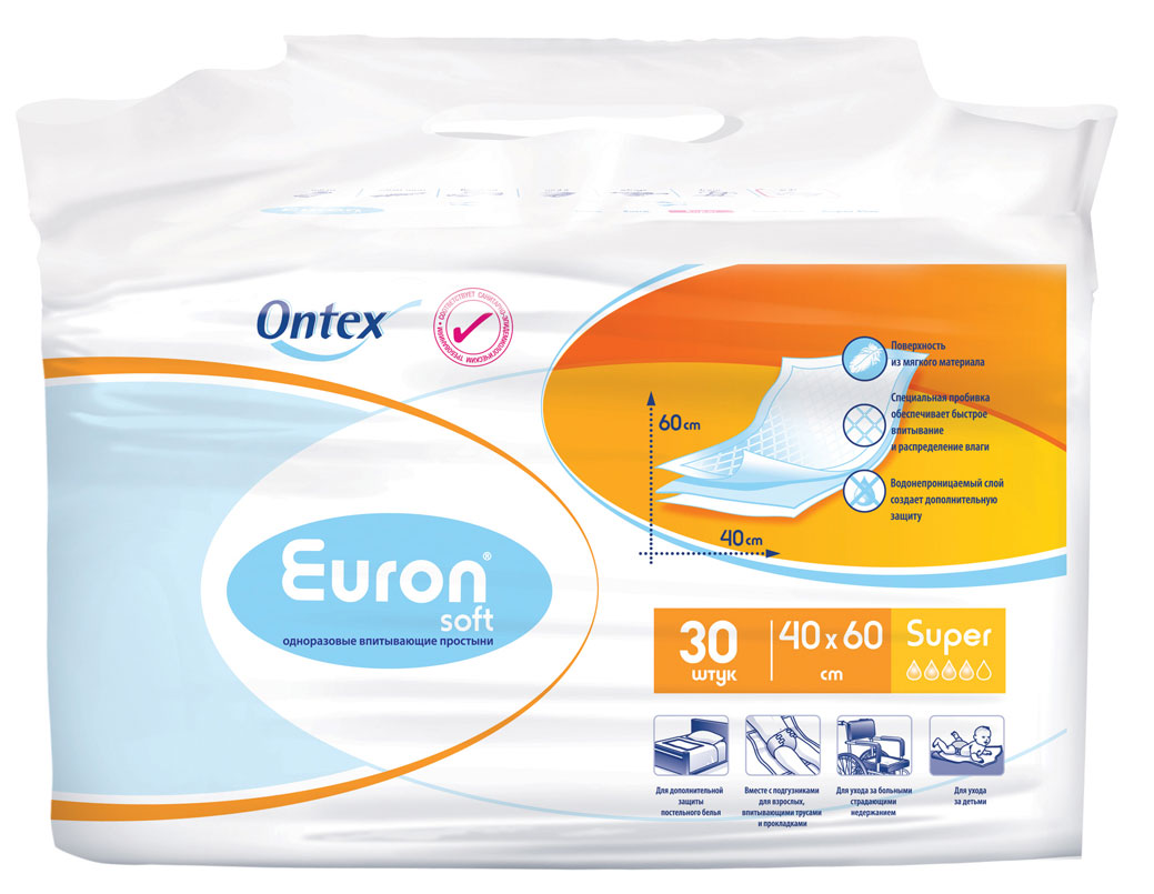 Euron Простыни впитывающие Soft Super 40х60 см 30 шт962921052/162442810 Euron Простыни впитывающие Soft Super 40х60 см 30 шт962921052/162442810Одноразовые впитывающие простыни Ontex Euron Soft Super предназначены для дополнительной защиты постельного белья при уходе за детьми, больными, страдающими недержанием и лежачими больными. Поверхность из мягкого нетканого материала не раздражает кожу. Специальная пробивка и внутренний слой из распушенной целлюлозы обеспечивают быстрое впитывание и распределение влаги. Простыни имеют водонепроницаемый внешний слой, предотвращающий вытекание жидкости из впитывающей основы. В комплект входят 30 одноразовых простыней. Ontex Healthcare - один из лидирующих поставщиков одноразовых средств гигиены в Европе, используя бренд Euron (Еврон), производит широкий спектр гигиенической продукции, предназначенной при различной степени недержания мочи, или необходимой при уходе за лежачими пациентами. Продукция Euron представляет собой полный перечень средств гигиены для взрослых людей с проблемами недержания, от самого легкого уровня впитываемости до самого высокого....