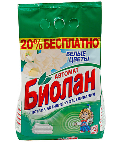 Стиральный порошок Биолан Белые цветы, 6 кг88-4 Стиральный порошок Биолан Белые цветы, 6 кг88-4Стиральный порошок Биолан Белые цветы предназначен для стирки, замачивания и отбеливания изделий из хлопчатобумажных, льняных, синтетических тканей, а также тканей из смешанных волокон. Не предназначен для стирки изделий из шерсти и натурального шелка. Порошок имеет пониженное пенообразование, содержит биодобавки и перекисные соли. Эффективно отстирывает загрязнения, придает вашему белью ослепительную белизну и нежный цветочный аромат. Подходит для стиральных машин любого типа и ручной стирки.