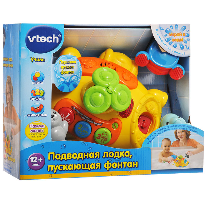 Игрушка для ванны Vtech Подводная лодка, пускающая фонтан80-113626 Игрушка для ванны Vtech Подводная лодка, пускающая фонтан80-113626Яркая игрушка для ванны Vtech Подводная лодка, пускающая фонтан обязательно понравится вашему ребенку и превратит купание в веселую игру! В комплект входят: игрушка в виде подводной лодки с перископом, фигурки морского котика и дельфина, а также спасательная лодка. Водонепроницаемый пластиковый корпус подводной лодки позволяет играть с ней в воде, при этом автоматически из перископа брызгает вода. Такой фонтанчик развеселит кроху и сделает процесс купания еще более увлекательным. Фигурки морских животных и спасательную лодку можно закрепить на корпусе подлодки. Если малыш нажмет на фигурку животного, то он услышит забавные звуки или веселую мелодию. На подводной лодке расположены три кнопки, при нажатии на которые ребенок познакомится с цветами, цифрами от 1 до 3 и животными. Режим вопросов поможет закрепить полученные знания. Игрушка для ванны поможет малышу развить цветовое и звуковое восприятие, мелкую моторику рук, тактильные ощущения, речь, пополнит...