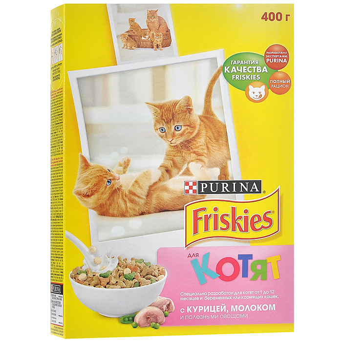 Корм сухой для котят Friskies, с курицей, молоком и полезными овощами, 400 г12152494 Корм сухой для котят Friskies, с курицей, молоком и полезными овощами, 400 г12152494Полнорационное и вкусное питание Friskies, изготовленное из ингредиентов высокого качества, предназначено для котят от 1 до 12 месяцев и беременных или кормящих кошек. Корм разработан экспертами Nestle Purina Petcare на базе 85-летнего опыта в области питания для животных. Ваш котенок, как и ребенок, нуждается в особой заботе, чтобы расти здоровым и счастливым. Дайте вашему котёнку правильный старт в жизни. Friskies для котят - полнорационное и сбалансированное питание, приготовленное из курицы с высоким содержанием злаков. Специальный рецепт обеспечивает вашего любимца всеми необходимыми питательными веществами, витаминами и минеральными веществами, которые ему необходимы для успешного перехода от молока матери к взрослой пище. Вещества, содержащиеся в корме: - Таурин важен для здорового сердца и хорошего зрения. - Белок необходим для здорового роста и развития. - Витамин Е для поддержания сильного иммунитета. - Необходимые минеральные...