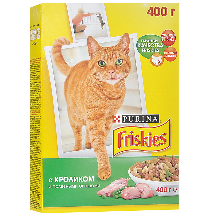 Корм сухой для кошек Friskies, с кроликом и полезными овощами, 400 г12152610 Корм сухой для кошек Friskies, с кроликом и полезными овощами, 400 г12152610Сбалансированное, полнорационное и вкусное питание для взрослых кошек Friskies изготовлено с использованием ингредиентов высокого качества. Корм разработан экспертами Nestle Purina Petcare на базе 85-летнего опыта в области питания для животных. Уникальный характер вашего питомца создает особенную атмосферу вашего дома, добавляя радость в вашу жизнь. Ему необходимо полнорационное и сбалансированное питание с содержанием витаминов и минеральных веществ, что поможет поддерживать здоровье и жизненную энергию вашей кошки. Корм не содержит усилителей вкуса. Витамины и минеральные вещества, содержащиеся в корме: - белок способствует укреплению мышц и дает энергию; - кальций, фосфор и витамин D важны для поддержания здоровья костей и зубов; - жирные кислоты помогают поддерживать шерсть здоровой и блестящей; - таурин важен для хорошего зрения и здорового сердца. Состав: злаки, мясо и продукты его переработки (в том числе кролик),...