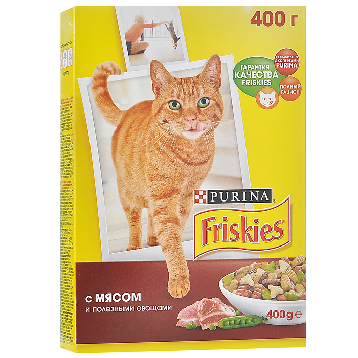 Корм сухой для кошек Friskies, с мясом и полезными овощами, 400 г12152613 Корм сухой для кошек Friskies, с мясом и полезными овощами, 400 г12152613Сбалансированное, полнорационное и вкусное питание для взрослых кошек Friskies изготовлено с использованием ингредиентов высокого качества. Корм разработан экспертами Nestle Purina Petcare на базе 85-летнего опыта в области питания для животных. Уникальный характер вашего питомца создаёт особенную атмосферу вашего дома, добавляя радость в вашу жизнь. Ему необходимо полнорационное и сбалансированное питание с содержанием витаминов и минеральных веществ, что поможет поддерживать здоровье и жизненную энергию вашей кошки. Корм не содержит усилителей вкуса. Витамины и минеральные вещества, содержащиеся в корме: Белок способствует укреплению мышц и дает энергию; Кальций, фосфор и витамин D важны для поддержания здоровья костей и зубов; Омега 6 жирные кислоты помогают поддерживать шерсть здоровой и блестящей; Таурин важен для хорошего зрения и здорового сердца. Состав: злаки, мясо и продукты его переработки, продукты переработки овощей,...