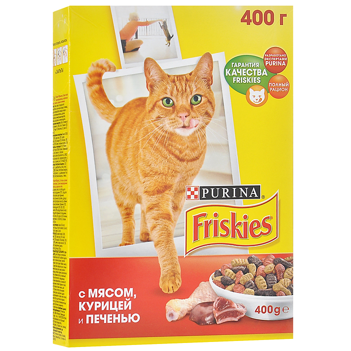 Корм сухой для кошек Friskies, с мясом, курицей и печенью, 400 г12152612 Корм сухой для кошек Friskies, с мясом, курицей и печенью, 400 г12152612Сбалансированное, полнорационное и вкусное питание для взрослых кошек Friskies изготовлено с использованием ингредиентов высокого качества. Корм разработан экспертами Nestle Purina Petcare на базе 85-летнего опыта в области питания для животных. Уникальный характер вашего питомца создаёт особенную атмосферу вашего дома, добавляя радость в вашу жизнь. Ему необходимо полнорационное и сбалансированное питание с содержанием витаминов и минеральных веществ, что поможет поддерживать здоровье и жизненную энергию вашей кошки. Корм не содержит усилителей вкуса. Витамины и минеральные вещества, содержащиеся в корме: Белок способствует укреплению мышц и дает энергию; Кальций, фосфор и витамин D важны для поддержания здоровья костей и зубов; Омега 6 жирные кислоты помогают поддерживать шерсть здоровой и блестящей; Таурин важен для хорошего зрения и здорового сердца. Состав: злаки, мясо и продукты его переработки (в том числе курица и печень),...