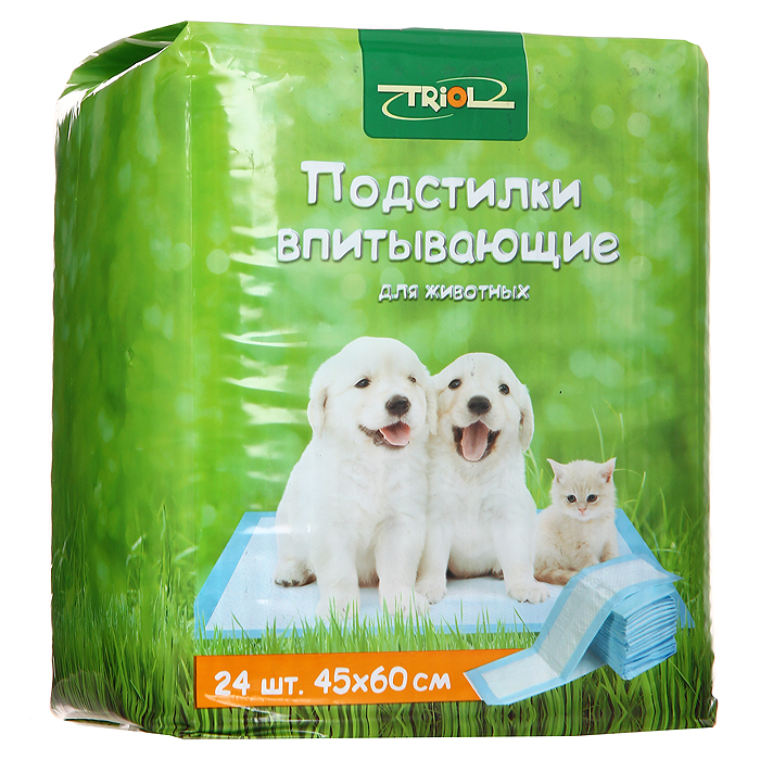 Подстилки для животных впитывающие Triol, для туалета, 45 см х 60 см, 24 штМт-151 Подстилки для животных впитывающие Triol, для туалета, 45 см х 60 см, 24 штМт-151Подстилки Triol, изготовленные из нежного гипоаллергенного нетканого материала, великолепно подходят для ухода за животными. Полиэтиленовое основание исключает протекание жидкости. Впитывающий слой надежно удерживает влагу и запах. С помощью таких подстилок вы сможете легко приучить своего питомца ходить в туалет в одно место. Также подстилки могут стать отличной заменой наполнителям для туалета.Характеристики: Материал: нетканое волокно, целлюлоза. Размер: 45 см х 60 см. Количество: 24 шт. Артикул: Мт-151.