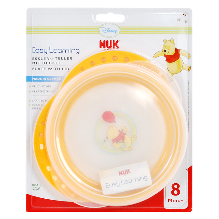 Тарелка с крышкой NUK Easy Learning, цвет: желтый10 255 093 Тарелка с крышкой NUK Easy Learning, цвет: желтый10 255 093Пластиковая тарелочка NUK Easy Learning идеально подойдет для кормления малыша, и самостоятельного приема им пищи. Тарелочка выполнена из прочного безопасного материала и оформлена изображением персонажа мультфильма студии Disney. Наклонный край облегчает ребенку зачерпывание пищи. Благодаря удобным нескользким ручкам тарелку удобно держать во время кормления. Дно дополнено нескользящим кольцом, благодаря чему она не упадет, еда не прольется, а ваш малыш будет доволен. В комплект к тарелке предусмотрена плотно закрывающаяся крышка, которая позволит сохранить остатки еды или поддержать нужную температуру. Размер тарелки (с учетом ручек): 21 см х 19 см х 2,5 см. Внутренний диаметр тарелки: 15 см. Рекомендуемый возраст: от 8 месяцев.