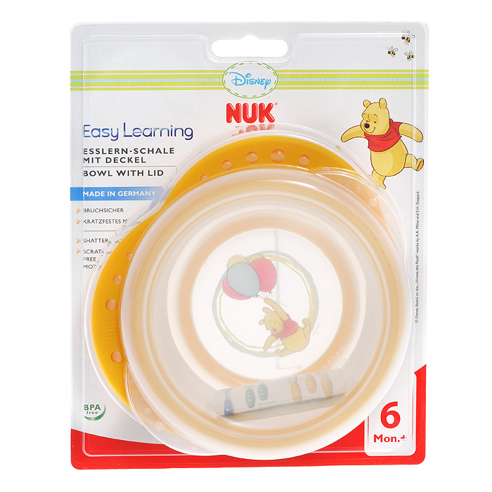 Миска детская NUK Easy Learning, с крышкой, от 6 месяцев, цвет: оранжевый10 255 094 Миска детская NUK Easy Learning, с крышкой, от 6 месяцев, цвет: оранжевый10 255 094Детская миска NUK Easy Learning прекрасно подойдет для кормления малыша и самостоятельного приема им пищи. Она выполнена из прочного безопасного полипропилена, дно оформлено ярким изображением всеми любимого Винни-Пуха. Благодаря круглой форме и высоким краям малышу гораздо легче зачерпывать из нее еду. За нескользящие ручки миску удобно держать. На дне миски имеется прорезиненный ободок, предохраняющий ее от скольжения. Миска плотно закрывается прозрачной крышкой, что позволяет хранить в ней пищу. Характеристики: Рекомендуемый возраст: от 6 месяцев. Размер миски (ДхШхВ): 16 см х 4,5 см х 14,5 см.