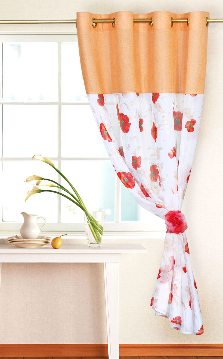Штора готовая для кухни Garden, на кольцах, цвет: персиковый, размер 150*180 см. С 10213 - W191 - W1222 V2С 10213 - W191 - W1222 V2 Штора готовая для кухни Garden, на кольцах, цвет: персиковый, размер 150*180 см. С 10213 - W191 - W1222 V2С 10213 - W191 - W1222 V2Элегантная тюлевая штора Garden выполнена из вуали (полиэстера). Сочетание плотной и полупрозрачной ткани, приятная цветовая гамма, цветочный принт привлекут к себе внимание и органично впишутся в интерьер помещения. Такая штора идеально подходит для солнечных комнат. Мягко рассеивая прямые лучи, она хорошо пропускает дневной свет и защищает от посторонних глаз. Отличное решение для многослойного оформления окон. Эта штора будет долгое время радовать вас и вашу семью! Штора крепится на карниз при помощи металлических колец, которые помогут красиво и равномерно задрапировать верх.