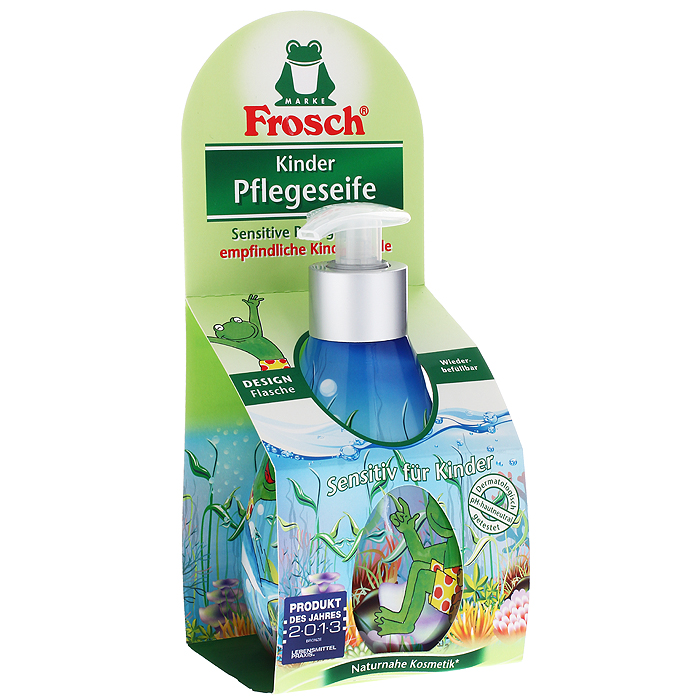 Жидкое детское мыло для рук Frosch, ухаживающее, 300 мл101685 Жидкое детское мыло для рук Frosch, ухаживающее, 300 мл101685Детское мыло для рук Frosch - это мягко ухаживающее мыло, нежные увлажняющие компоненты которого специально разработаны под различные потребности чувствительной детской кожи. Ухаживающее детское мыло Frosch при каждом мытье рук защищает кожу от пересушивания. Кроме того, питательные, смягчающие компоненты сохраняют естественную защиту кожи и дают приятное ощущение мягкости. Эту нежную концепцию дополняет мягкий цветочный аромат. Мыло pH-нейтрально для кожи и проверено дерматологами. Кожно-раздражающее и сенсобилизирующее действие отсутствует. Предназначено для детей от 3-х лет.