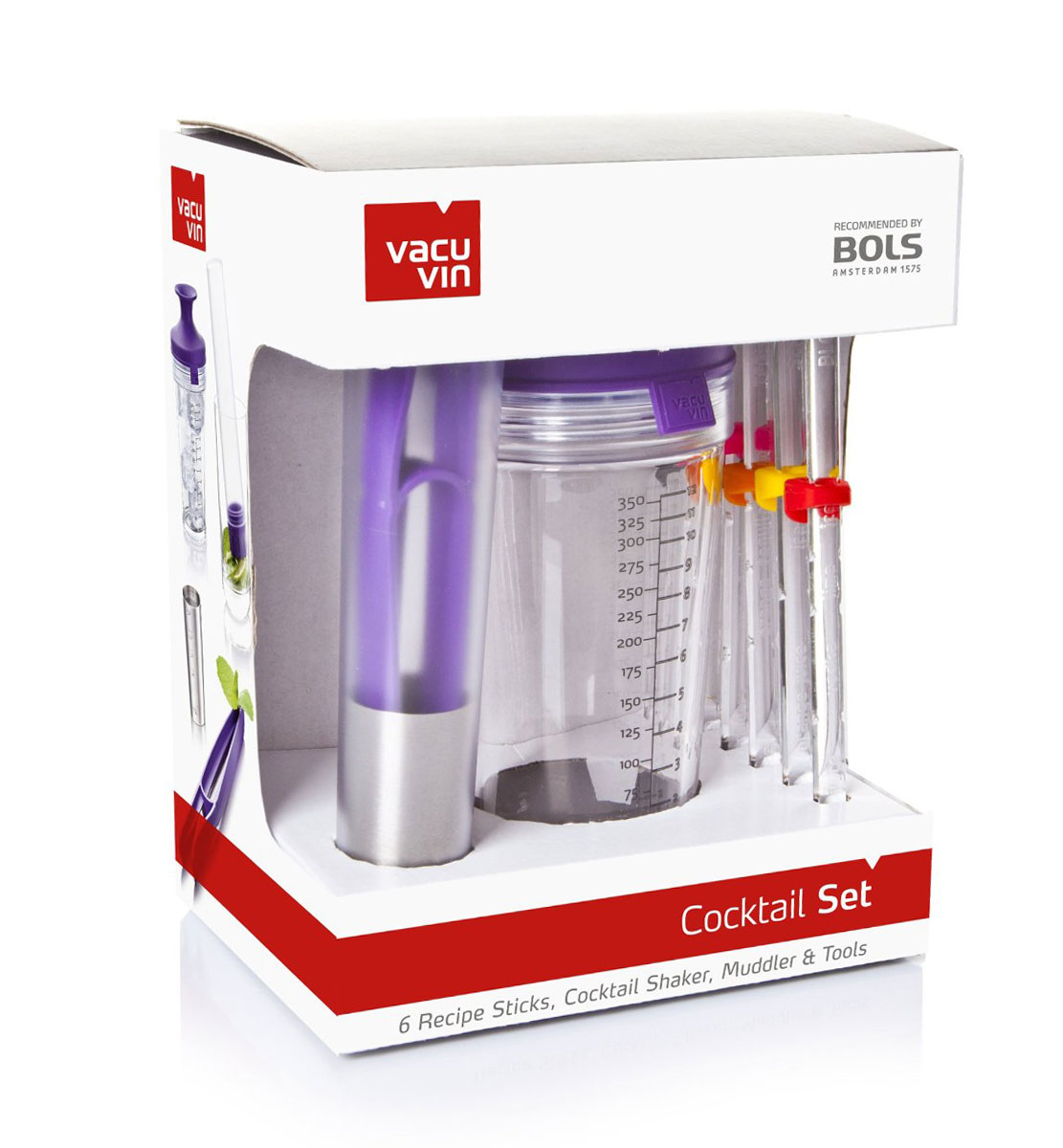 Набор для приготовления коктейлей VacuVin Cocktail Set7889060 Набор для приготовления коктейлей VacuVin Cocktail Set7889060Этот набор поможет легко и быстро приготовить Ваши любимые коктейли. В нем есть все необходимое для этого. Ваши гости будут приятно удивлены яркими и необычными аксессуарами, которые помогут создать праздничное настроение! Особенности набора: Пестик, чтобы давить такие ингредиенты, как мята и лайм Специальные щипцы, чтобы брать твердые ингредиенты Джиггер, чтобы отмерять жидкие ингредиенты Палочки с рецептами для смешивания коктейлей Шейкер для приготовления коктейлей Подарочная упаковка Характеристики: Материал: пластик, резина, стекло, металл Длина палочки: 19,5 см. Объем шейкера: 350 мл. Размер шейкера: 21 см х 8,5 см х 8,5 см. Размер упаковки: 17,5 см x 12,5 см x 22 см.