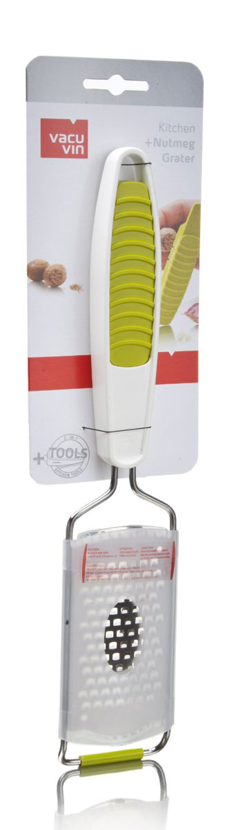 Терка VacuVin для твердых продуктов и мускатного ореха, 2 в 14669660 Терка VacuVin для твердых продуктов и мускатного ореха, 2 в 14669660Терка Kitchen + Nutmeg Grater имеет широкий диапазон использования. Предназначена как для твердых продуктов, таких как имбирь, мускатный орех, корица, так и для более мягких таких как шоколад и сыр. Терка для мускатного ореха, которая хранится в ручке, предназначена для мелкого натирания. С ее помощью также можно очистить и измельчить чеснок и имбирь. Характеристики: Материал: пластик, металл. Размер терки Kitchen: 32 см х 6 см х 2 см. Размер терки Nutmeg Grater: 12 см х 2,5 см х 1,5 см. Цвет: белый, зеленый. Размер упаковки: 36 см х 9 см х 2 см. Артикул: 4669660.