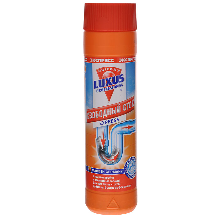 Экспресс очиститель Luxus Professional Свободный сток, 500 г15900 Экспресс очиститель Luxus Professional Свободный сток, 500 г15900Очиститель Luxus Professional Свободный сток - высокоэффективное средство для быстрого устранения пробок, засорений и неприятных запахов в стоках раковин, ванн и кардинальной чистки. Очень быстро удаляет любые органические засорения в стоках (волосы, остатки пищи, жир, грязь), избавляя вас от утомительной прочистки стоков механическими средствами. Также применим для размораживания стоков. Характеристики: Объем: 500 гр. Артикул: 15900. Изготовитель: Германия. Товар сертифицирован.