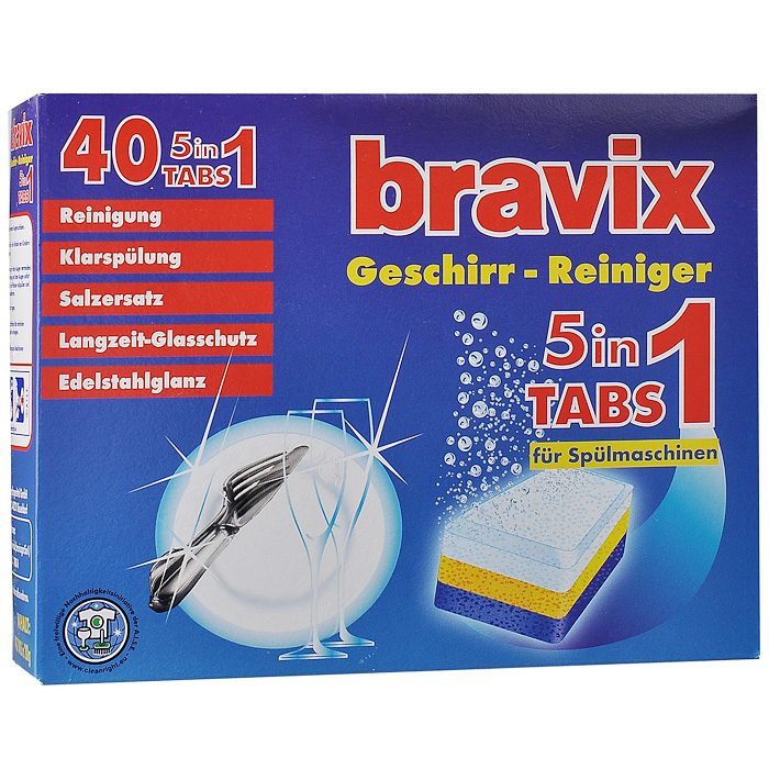 Активные таблетки для посудомоечных машин Bravix Geschirr-Reiniger, 40 шт х 20 гI1550 Активные таблетки для посудомоечных машин Bravix Geschirr-Reiniger, 40 шт х 20 гI1550Активные таблетки для посудомоечных машин. Идеальная чистота и блеск благодаря новой технологии производства. Помимо чистящего средства, соли и ополаскивателя выполняют функции защиты стекла и нержавеющей стали. Способ применения: Для нормальной воды поместить таблетку в диспенсер ПММ, при половинной загрузке используйте полтаблетки. Беречь от детей! Характеристики: Количество таблеток: 40 шт. Размер упаковки: 19,5 см х 6 см х 15 см. Состав: неионные тензиды ( 30%), энзимы.