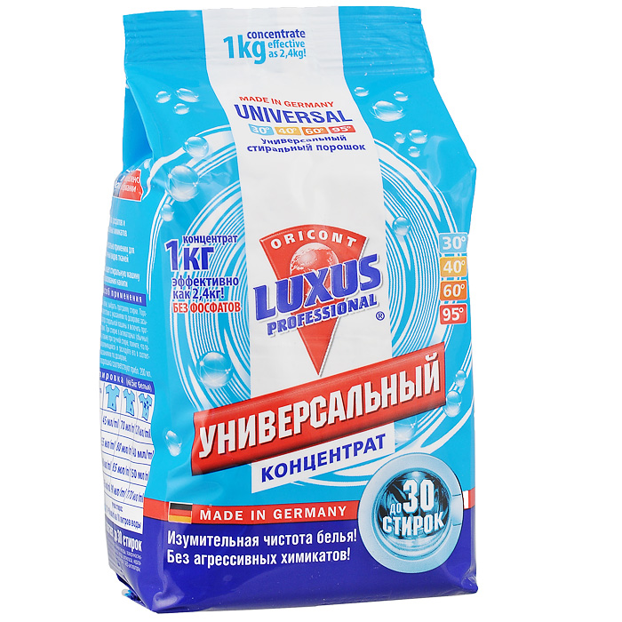 Универсальный стиральный порошок концентрат Luxus Professional, 1 кг40957 Универсальный стиральный порошок концентрат Luxus Professional, 1 кг40957Концентрированный стиральный порошок, хорошо растворяется, не требуется замачивания. Не содержит фосфатов, не требует дополнительных средств от извести. Хватает на 30 стирок. Выполаскивается без остатка. Применим для стирки детского белья. Предохраняет белье от образования катышков. Не разрушает структуру волокон. Не требует предварительного замачивания. Способ применения: Загрузить белье, выбрать программу стирки. Порошок в соответствии с указаниями по дозировке засыпать в дозатор стиральной машины и включить программу стирки. При стирке в активаторных (обычных) машинах, а также при ручной стирке, помните, что порошок малопенящийся и расходуйте его в соответствии с указаниями по дозировке. 100 г порошка соответствуют приблизительно 200 мл.