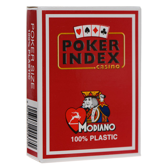 Карты игральные Modiano Покер Индекс, цвет: красный, 54 карты. 300537300537 красный Карты игральные Modiano Покер Индекс, цвет: красный, 54 карты. 300537300537 красныйИгральные карты Покер Индекс с рубашкой красного цвета подходят для игры в покер. Двойной индекс от Modiano, сочетающий маленький индекс в углах карты, который дублируется увеличенным индексом, смещенным ближе к центру. Карты имеют очень гладкую поверхность, высококачественный пластик и стандартный размер poker.