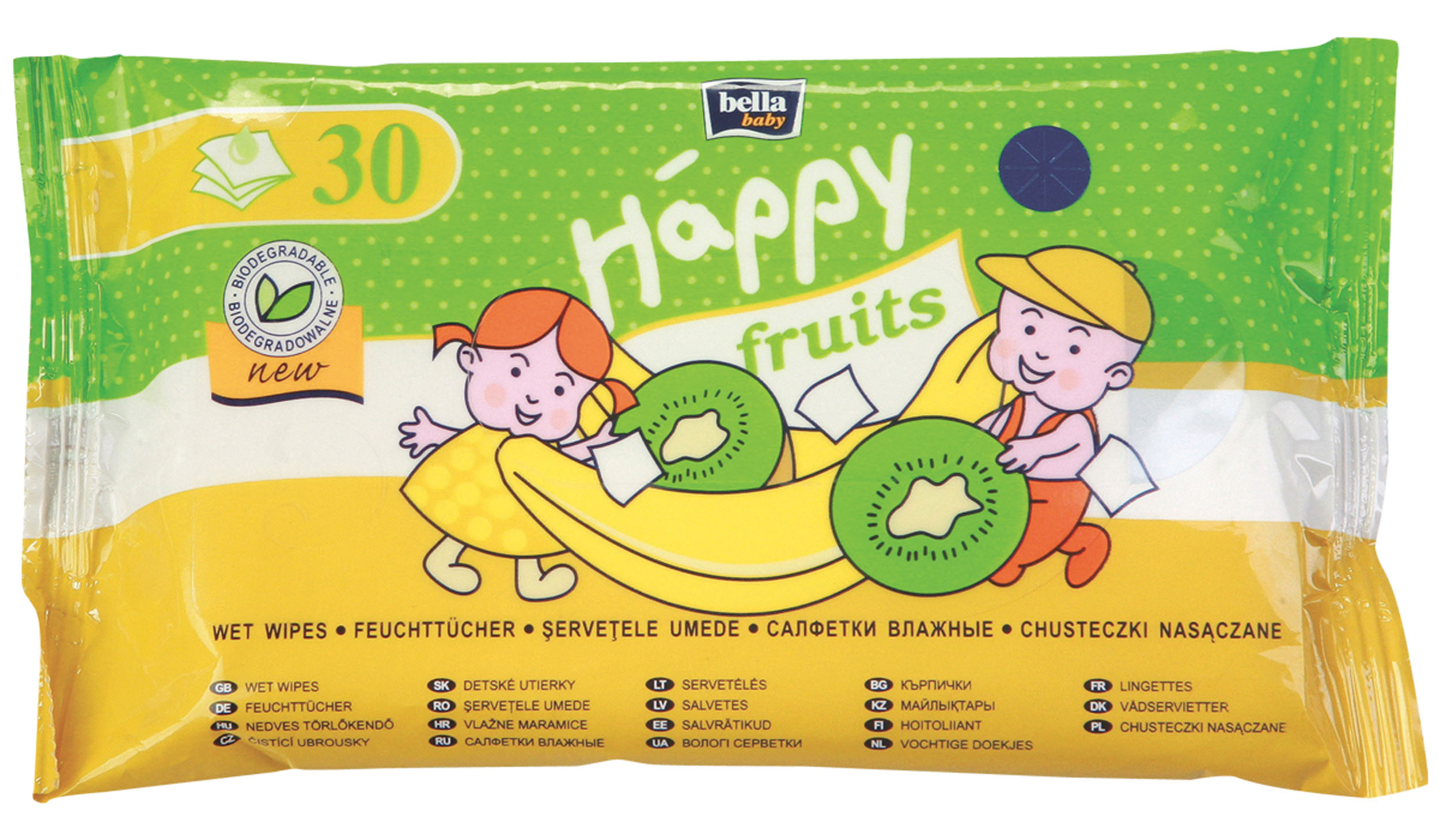 Bella Салфетки влажные Baby Happy Fruits, с ароматом банана и киви, 30 штBB-062-WF30-004 Bella Салфетки влажные Baby Happy Fruits, с ароматом банана и киви, 30 штBB-062-WF30-004Салфетки Happy Fruits с ароматом киви и бананом - биоразлагаемые влажные салфетки для детей старше двухлетнего возраста, которые начинают приучаться к самостоятельной гигиене. Интенсивный фруктовый аромат заинтересует Вашего Ребенка и поможет научиться пользоваться горшком или туалетом. Салфетки Happy Fruits это приятный и одновременно простой способ соблюдать гигиену Малыша – после использования можно легко их смыть в туалете. Салфетки обладают успокаивающими и увлажняющими свойствами, благодаря чему превосходно подходят также для очищения кожи рук и лица.