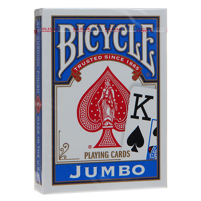 Карты игральные Bicycle Jumbo, цвет: синий, 54 карты. 9105с9105с Карты игральные Bicycle Jumbo, цвет: синий, 54 карты. 9105с9105сИгральные карты Байсикл Джамбо с рубашкой синего цвета подходят для игры в покер. Крупный индекс в двух углах. Карты имеют очень гладкую поверхность, высококачественный пластик и стандартный размер poker.