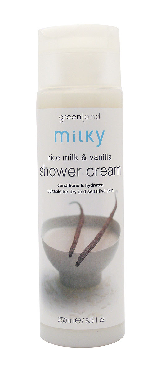 Greenland Гель для душа Milky, с рисовым молочком и ванилью, 250 мл0879-MY11 Greenland Гель для душа Milky, с рисовым молочком и ванилью, 250 мл0879-MY11Крем (гель) для душа бережно очищает кожу, делая ее мягкой и бархатистой. Протеины рисового молочка увлажняют и смягчают кожу, ваниль придает ей нежный аромат. Способ применения: Наносите на влажную кожу массажными движениями, , а затем смойте водой.