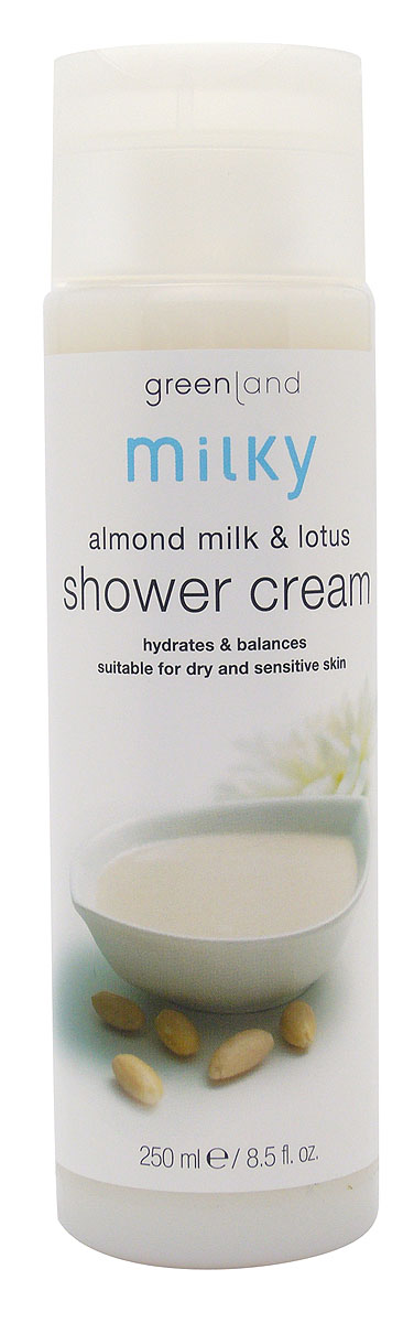 Greenland Гель для душа Milky, с молочком миндаля и лотосом, 250 мл0882-MY14 Greenland Гель для душа Milky, с молочком миндаля и лотосом, 250 мл0882-MY14Крем (гель) для душа бережно очищает кожу, делая ее мягкой и бархатистой. Глицериды, входящие в состав миндального молочка, восстанавливают естественный баланс кожи, а экстракт лотоса придает ей экзотический аромат. Способ применения: Наносите на влажную кожу массажными движениями, , а затем смойте водой. Характеристики: Объем: 250 мл. Артикул: 0882-MY14. Производитель: Нидерланды. Товар сертифицирован. Состав: вода, лауретсульфат натрия, натрия хлорид, кокамидопропилбетаин, ПЭГ-200 гидрогенезированный глицерил пальмитат, триоксистеарин полиэтиленгликоль, пропилен гликоль, этилендиамин, тетрауксусная кислота, линалоол, сорбитол, парфюмерная композиция, экстракт миндаля, экстракт лотоса.