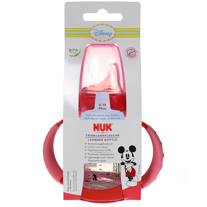 Бутылочка-поильник NUK "Дисней Микки", с силиконовым носиком, от 6 до 18 месяцев, цвет: красный, 150 мл