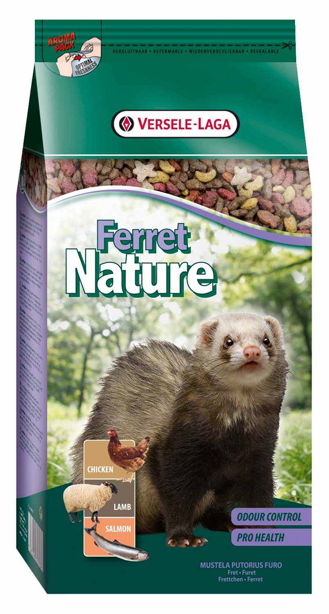 Корм для хорьков Versele-Laga Ferret Nature, 750 г461373 Корм для хорьков Versele-Laga Ferret Nature, 750 г461373Versele-Laga Ferret Nature это полноценный основной корм для хорьков, разработанный в соответствии с их пищевыми потребностями. Это высококачественная смесь природных компонентов, которая содержит все необходимые для организма питательные вещества, витамины, минералы и аминокислоты, необходимые для жизнерадостной и здоровой жизни вашего питомца. Versele-Laga Ferret Nature содержит животные белки и жиры курицы, ягненка и лосося, а также добавки, важные для здоровья: обеспечивает превосходное пищеварение, гигиену полости рта, сияющую шерсть и великолепное здоровье. Широкое разнообразие ингредиентов гарантирует превосходный вкус и усвояемость. Указания к использованию В зависимости от размера и возраста хорька рекомендуемая дневная порция в среднем составляет от 50 до 80 грамм. Обеспечивайте вашему питомцу свежий корм и питьевую воду ежедневно. Состав: мясо и продукты животного происхождения, злаки, производные растительного ...