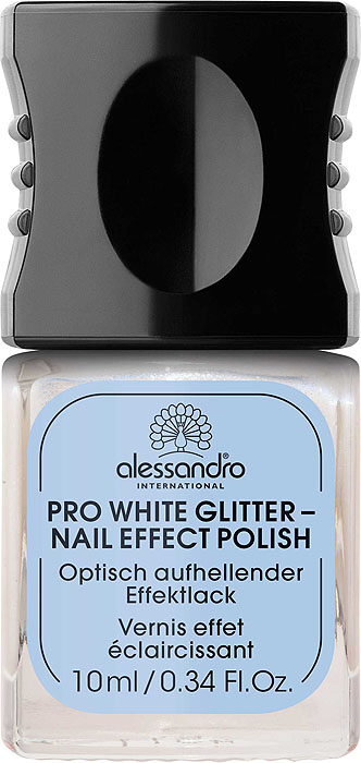 Alessandro Отбеливающий лак для ногтей Pro White Glitter - Nail Effect Polish, сверкающий, 10 мл03-019 Alessandro Отбеливающий лак для ногтей Pro White Glitter - Nail Effect Polish, сверкающий, 10 мл03-019Осветляющий лак Alessandro Pro White Glitter - Nail Effect Polish с мельчайшими переливающимися частицами против пожелтения ногтей, делает ногти ослепительно белыми и сверкающими.